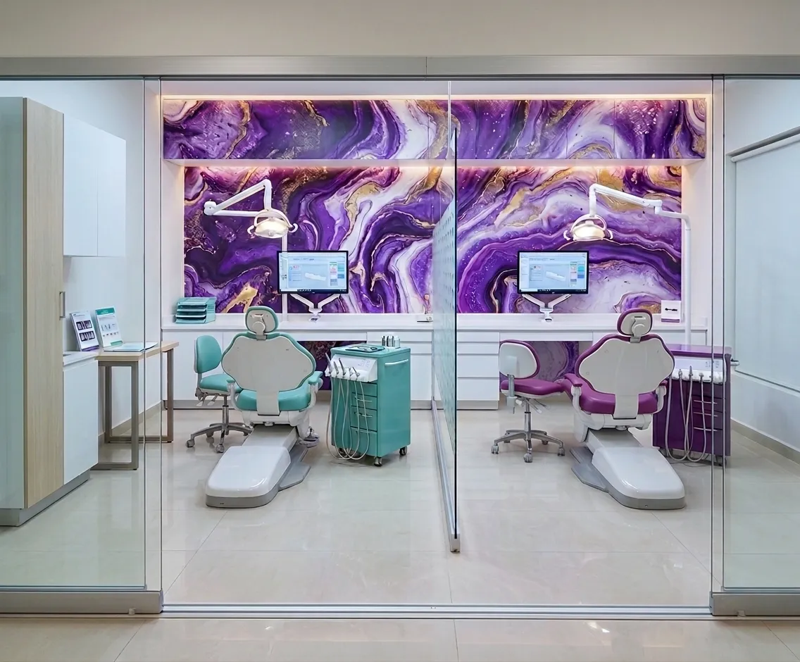 Interior del consultorio dental: equipamiento moderno y áreas de tratamiento (imagen de referencia).